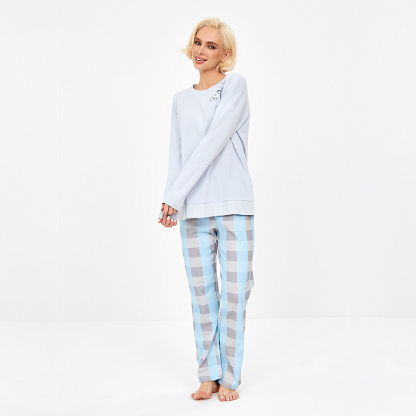 Пижама со штанами женская из хлопка, пастельно-синяя