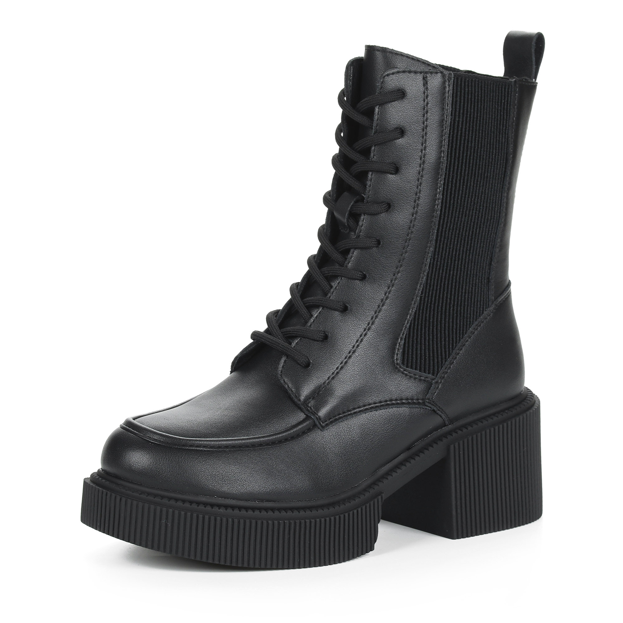 фото Черные ботинки из кожи на шнуровке на подкладке из натуральной шерсти на утолщенной подошве и квадратном каблуке respect
