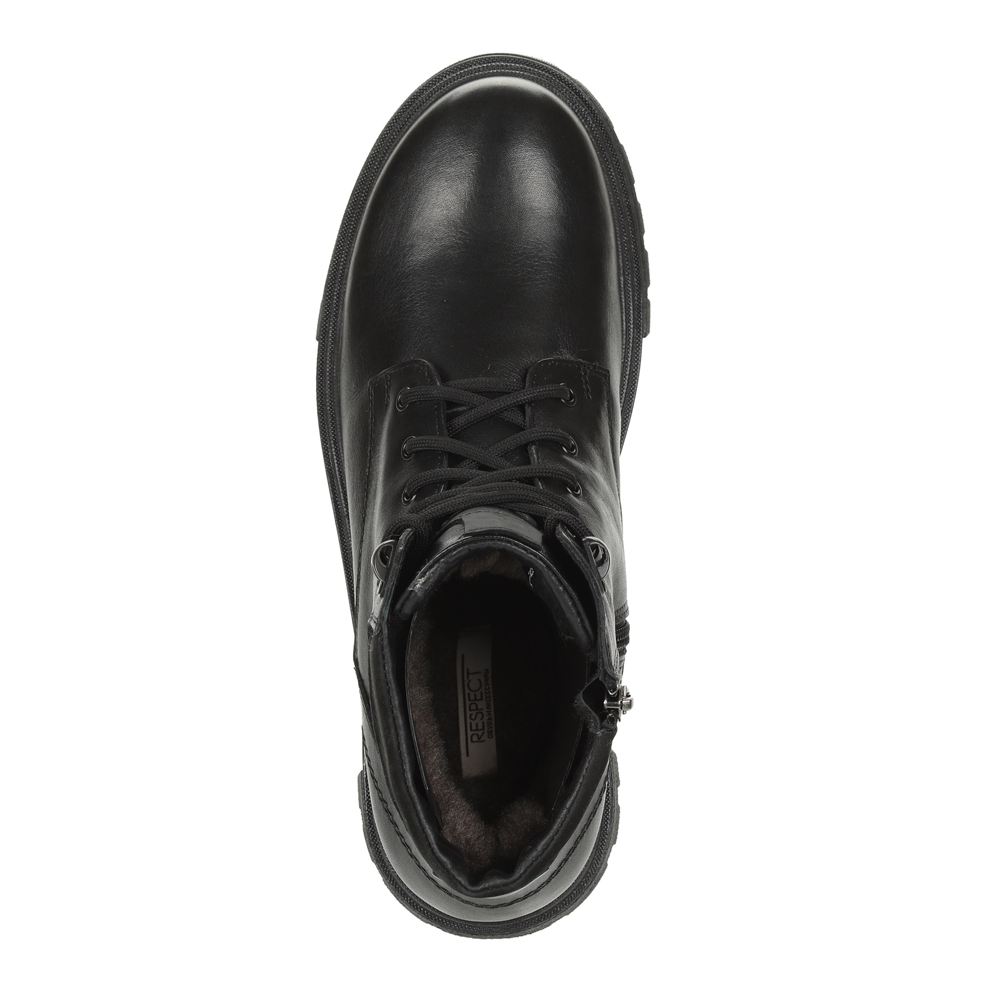 фото Черные ботинки из кожи на шнуровке с ремнем на подкладке из натуральной шерсти на тракторной подошве respect