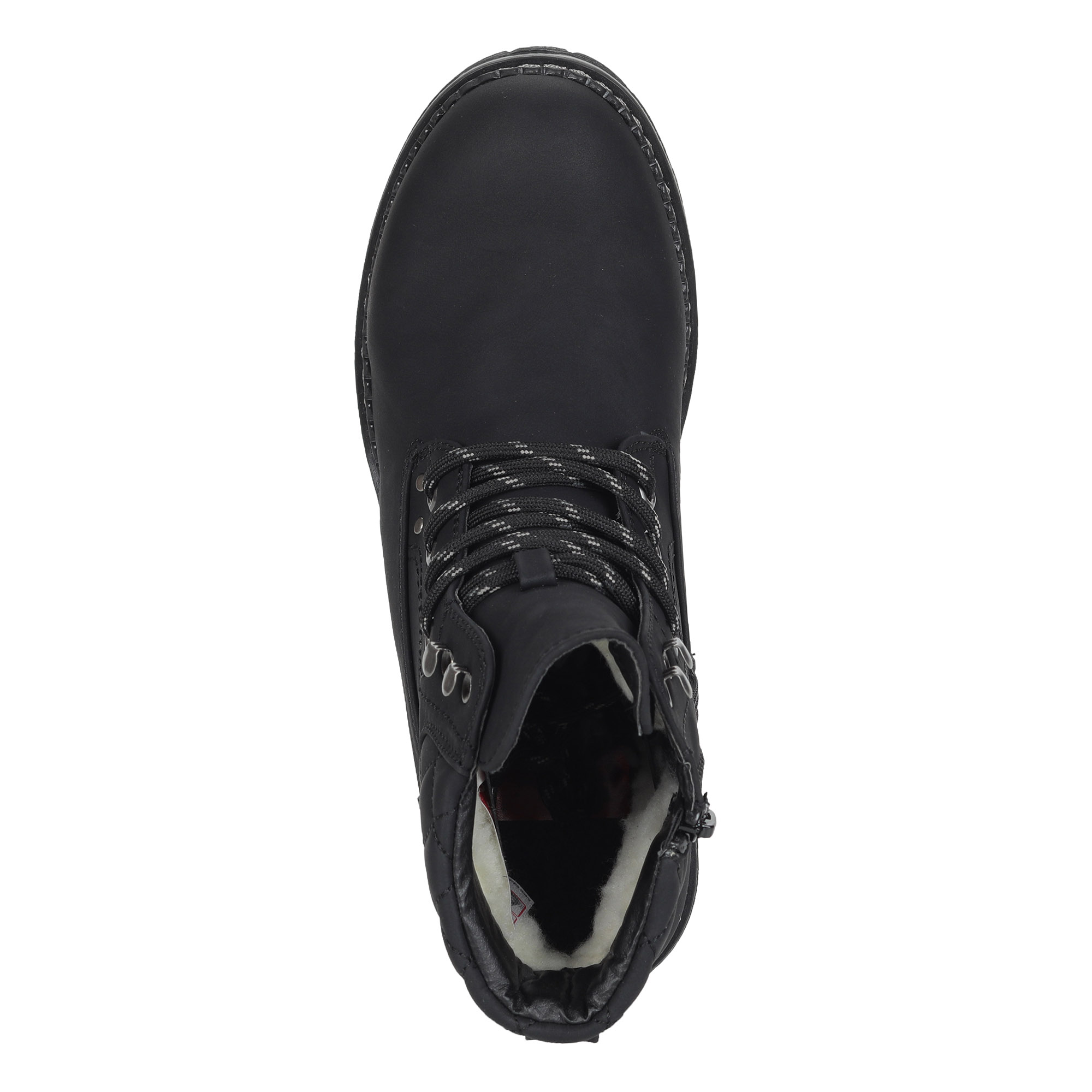 фото Черные ботинки из экокожи с декоративными стеганными отворотами на подкалдке из искусственной шерсти rieker