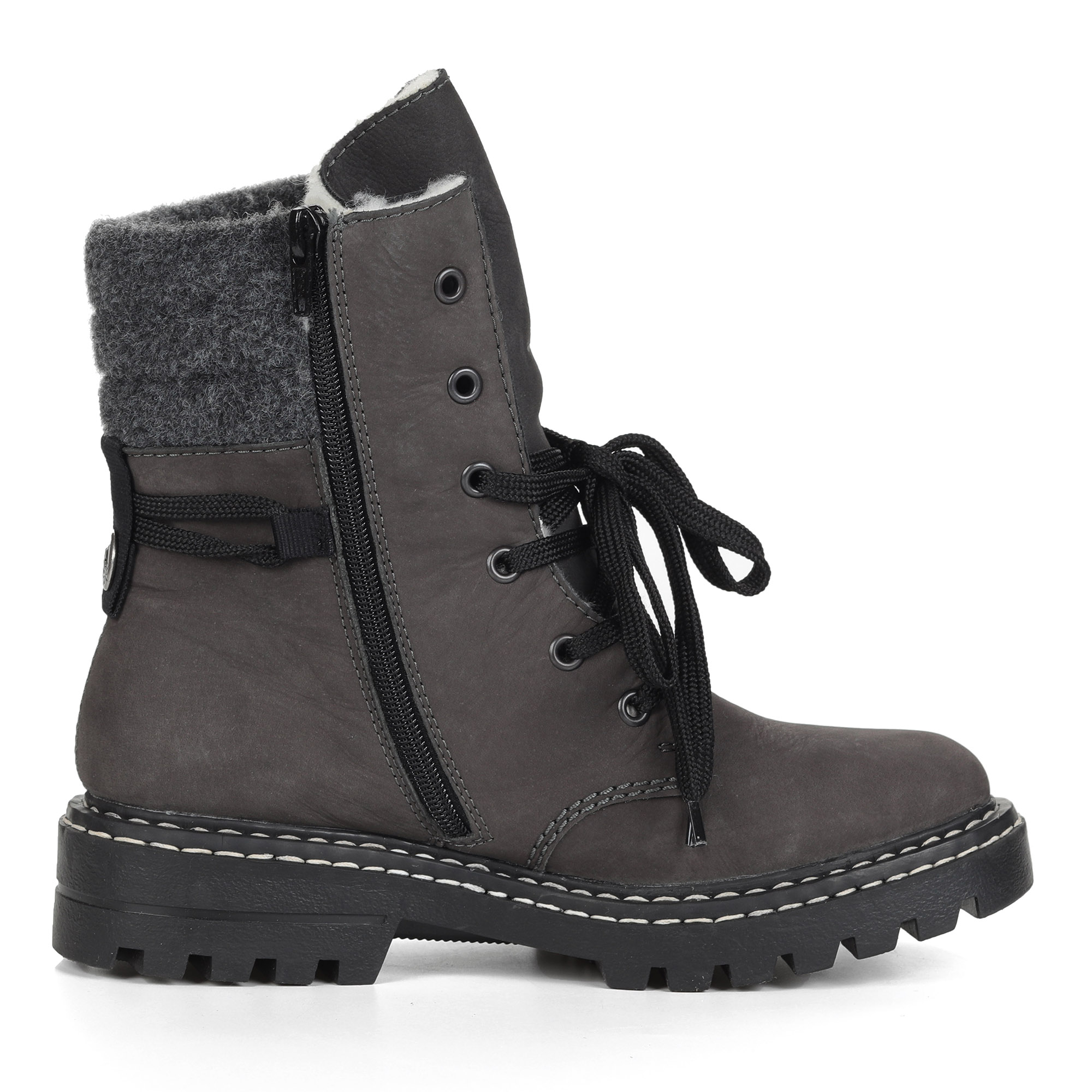 Черные ботинки из комбинированных материалов на подкладке из искусственной шерсти на тракторной подо Rieker, размер 39, цвет серый - фото 3