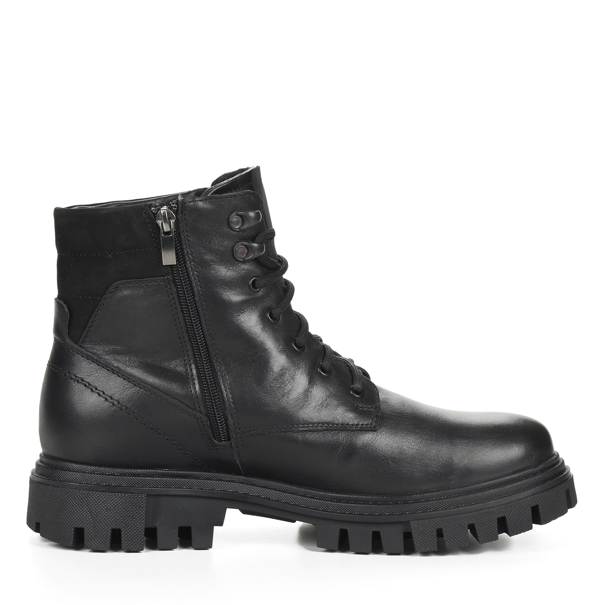 фото Черные ботинки из кожи на шнуровке с ремнем на подкладке из натуральной шерсти на тракторной подошве respect