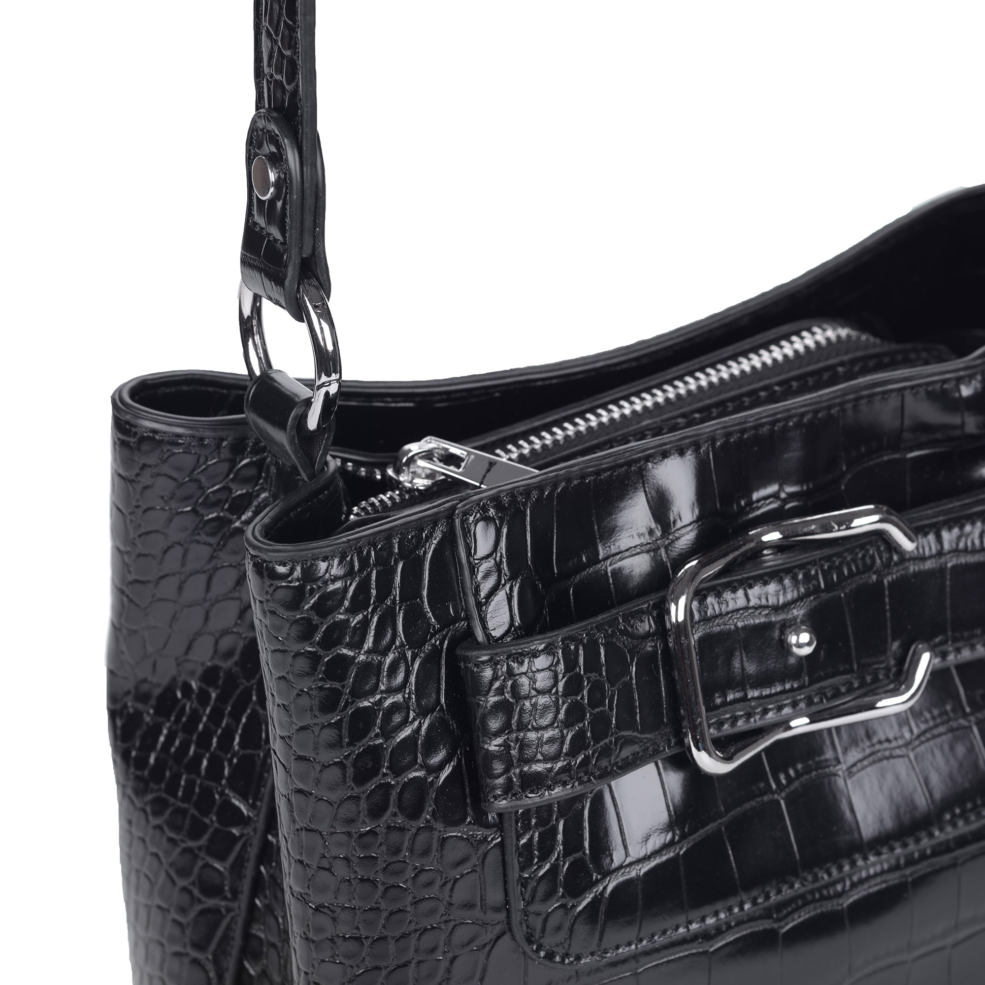 фото Черная сумка на плечо с тиснением под рептилию portofiano