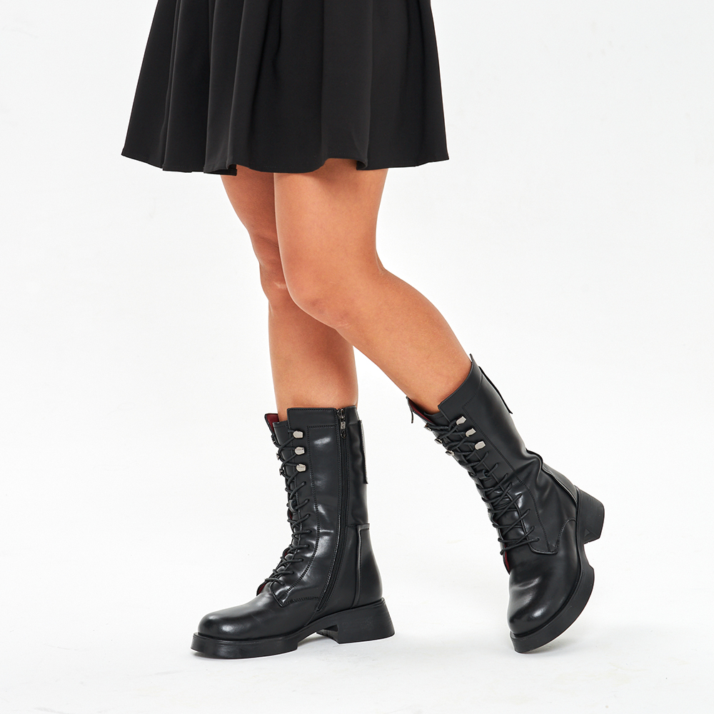 Черные сапоги на шнуровке из кожи на подкладке из натуральной шерсти на утолщенной подошве и каблуке Respect, размер 37, цвет черный - фото 10