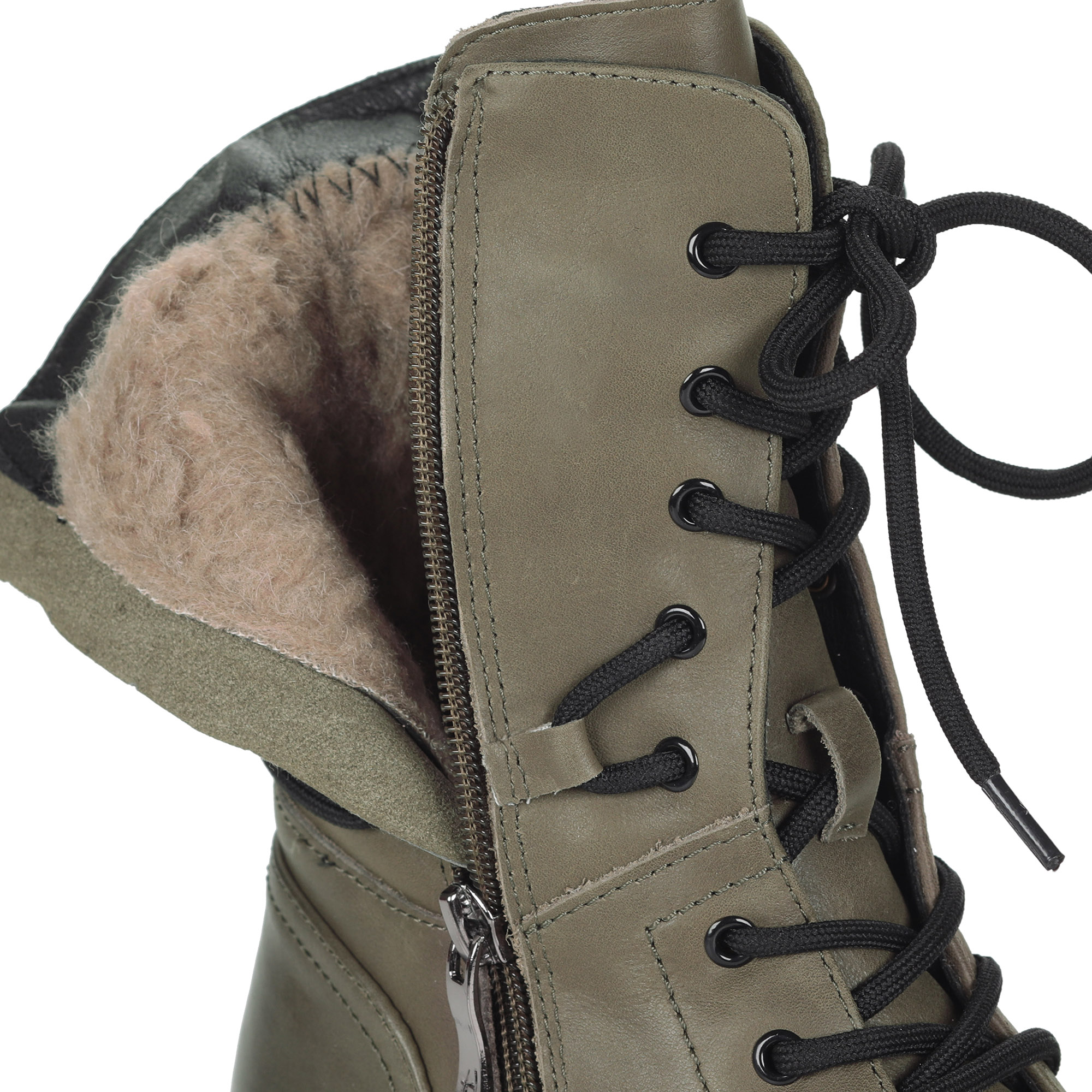 фото Оливковые ботинки из кожи на утолщенной контрастной подошве на подкладке из натуральной шерсти и на respect