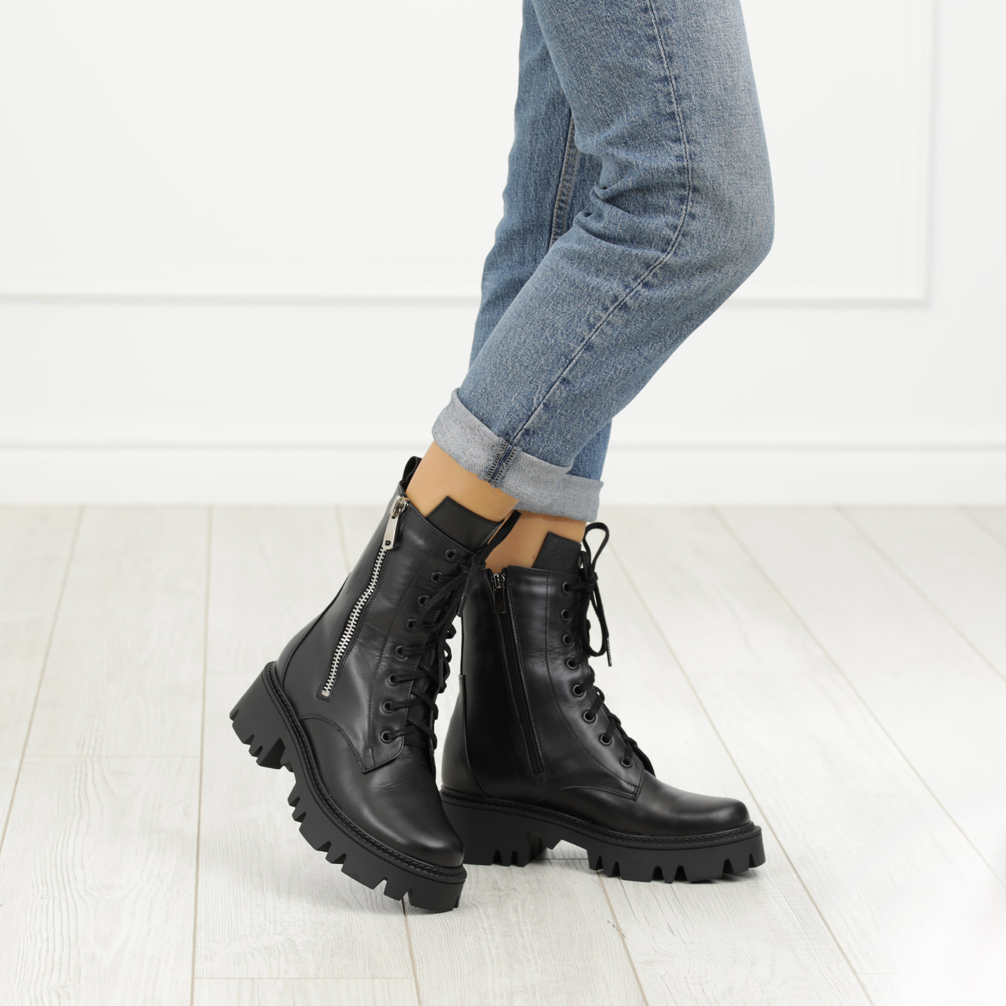 Черные ботинки на шнуровке и молнии из кожи на подкладке из натурального меха на тракторной подошве Respect, размер 37, цвет черный - фото 2