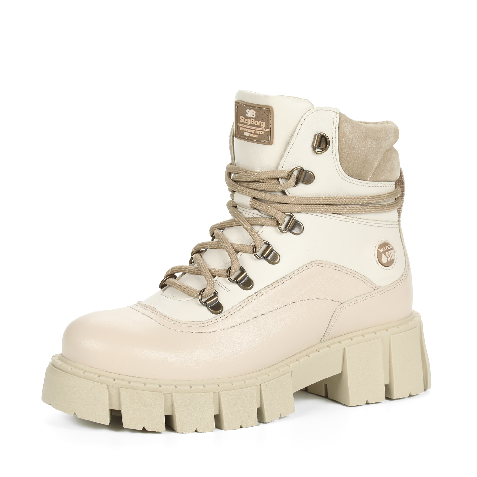 Светло-бежевые ботинки на шнуровке из кожи на подкладке из натуральной шерсти на тракторной подошве, размер 39, цвет бежевый - фото 3