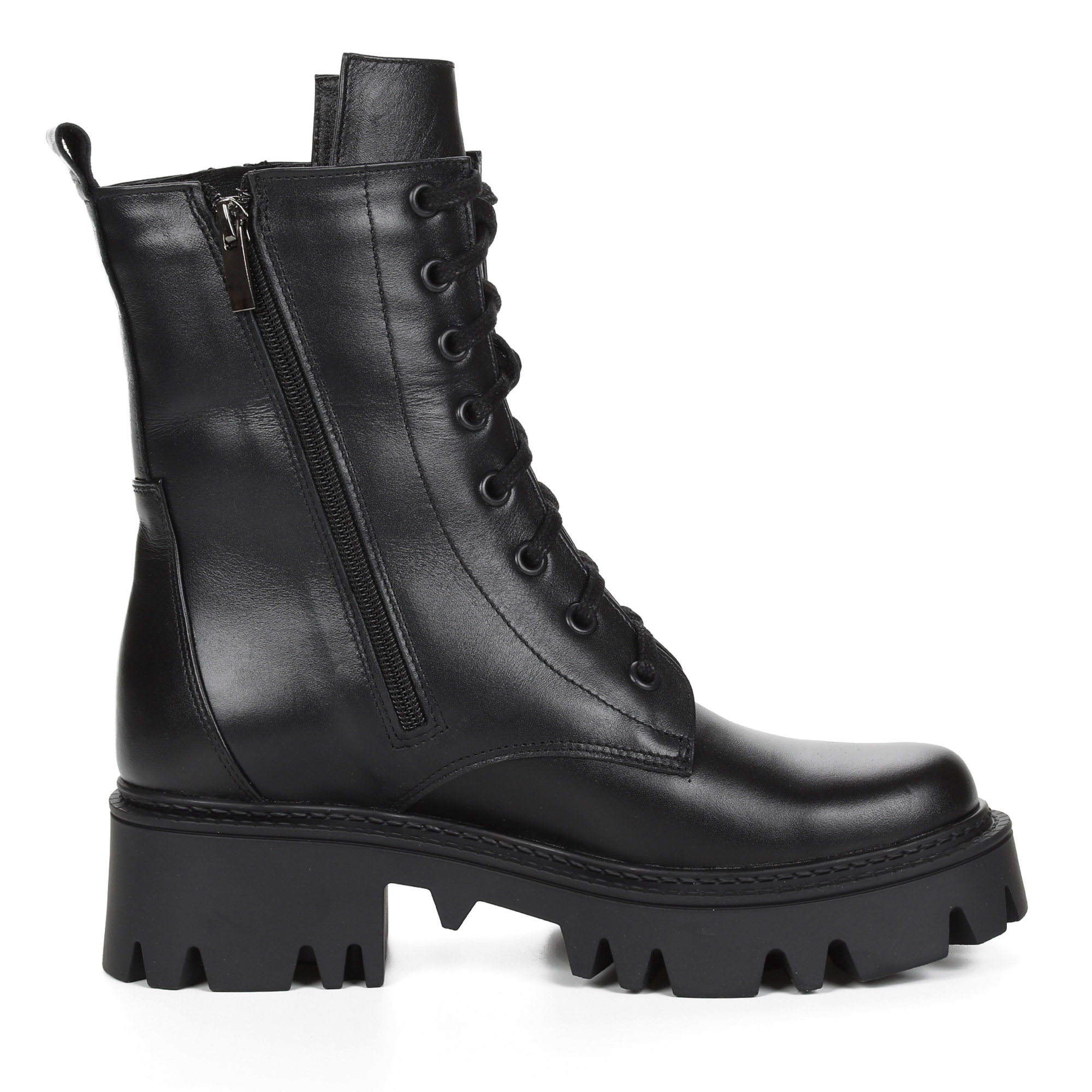 Черные ботинки на шнуровке и молнии из кожи на подкладке из натурального меха на тракторной подошве Respect, размер 37, цвет черный - фото 4