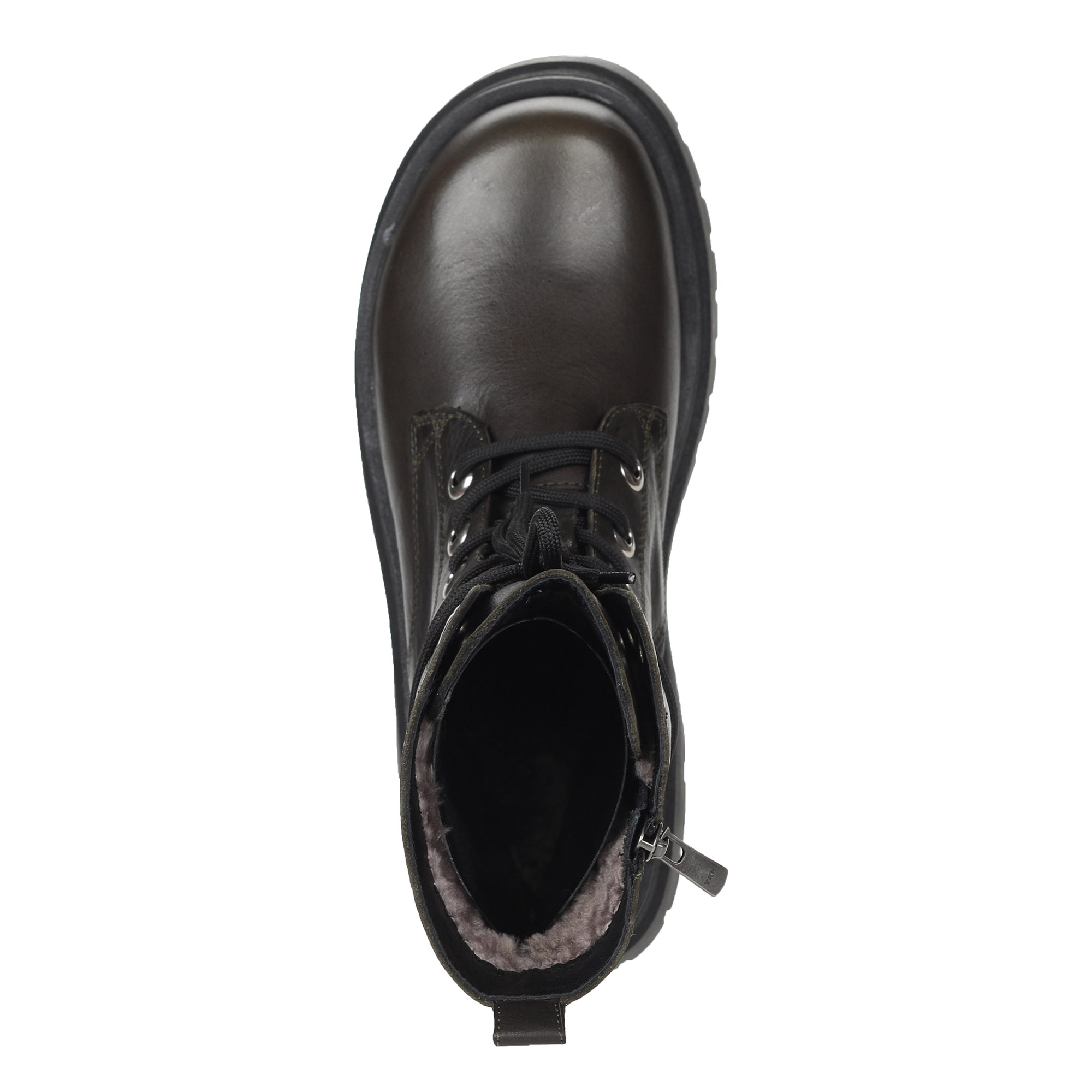 фото Ботинки цвета хаки из кожи на подкладке из натурального меха на шнурках утолщенной подошве corsocomo