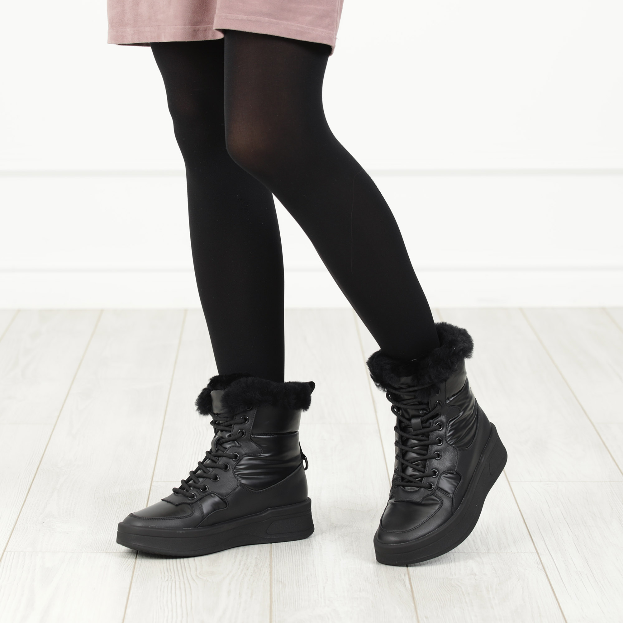 Черные высокие кроссовки из комбинированных материалов смеховой опушкой на подкладке из натуральной шерсти на утолщенной платформе Respect, размер 40, цвет черный - фото 2