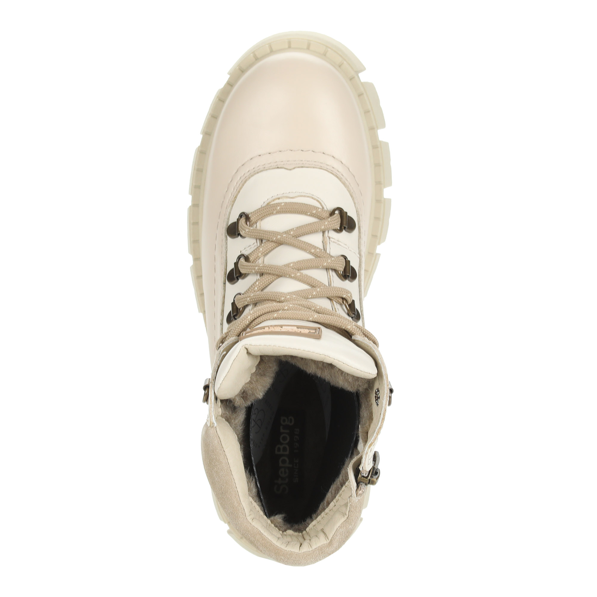 Светло-бежевые ботинки на шнуровке из кожи на подкладке из натуральной шерсти на тракторной подошве, размер 39, цвет бежевый - фото 7