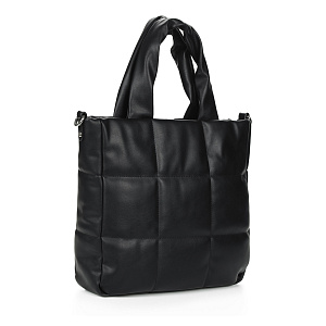 Черная сумка шоппер из стеганной кожи с мягкими ручками и дополнительным ремнем