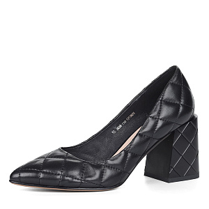 Черные туфли лодочки из кожи с декоративной отстрочкой на каблуке столбик