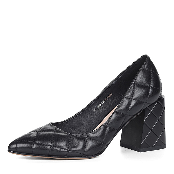 Черные туфли лодочки из кожи с декоративной отстрочкой на каблуке столбик