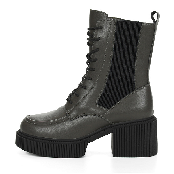 Темно-серые ботинки из кожи на шнуровке  на подкладке из натуральной шерсти на утолщенной подошве и квадратном каблуке