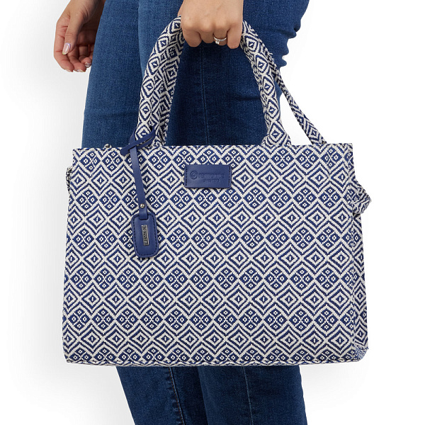 Синяя сумка тоут из текстиля и экокожи